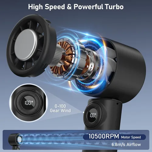 Vista 2 de CIVPOWER Ventilador de mano: Placa de enfriamiento de hielo portátil pequeña - 4000mAh recargable 100 engranajes de alta velocidad Turbo 10500 RPM