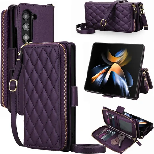 Vista 21 de Compatible con Samsung Galaxy Z Fold 3 5G 2021 - Funda tipo cartera con cremallera y bloqueo RFID, correa para tarjetero, ranuras para tarjetas Rojo