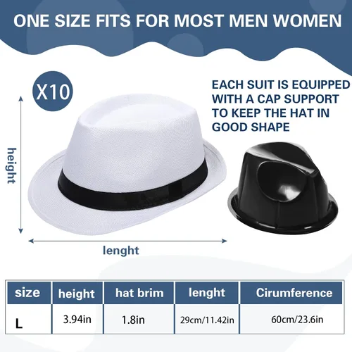 Vista 2 de Paquete de 10 sombreros Fedora de los años 20 para hombre, ala corta, sombrero Panamá para hombres y mujeres, disfraz de fiesta, circunferencia