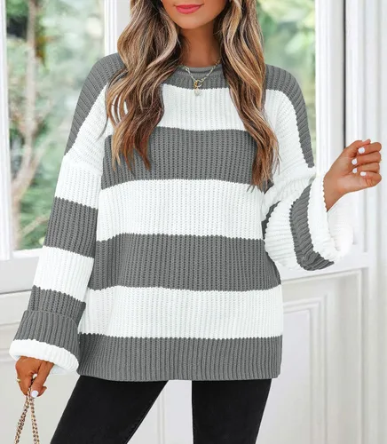 Vista 58 de ZESICA Suéter tejido sin botones de manga larga y cuello redondo, a rayas, bloques de color, cómodo, holgado, talla extragrande para mujer de 2024