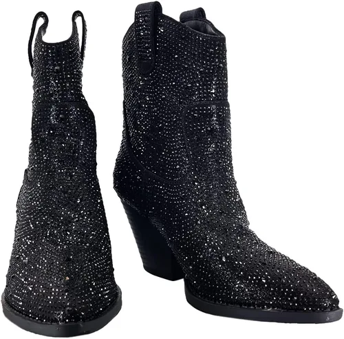 Vista 6 de ABSOLEX Botines de mujer vaquera occidental con punta puntiaguda con diamantes de imitación
