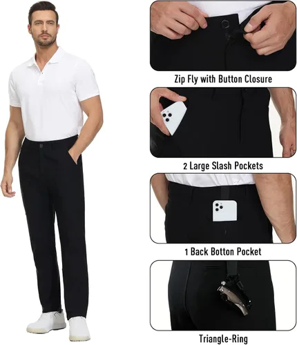 Vista 4 de Pantalones de golf de alta elasticidad para hombre, UPF 50+, transpirables, cómodos, gruesos, rectos, con bolsillos, Negro