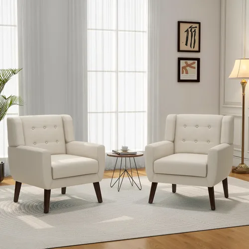 Vista 46 de Accent Chair Set of 1, Comfy Reading Armchair, Beige Linen Blend, Tufted Button Backrest, Solid Wood Frame, Upholstered Club Single Sofa Chairs