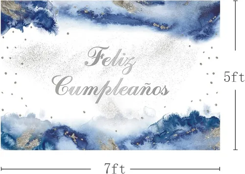 Vista 3 de MEHOFOND Telón de fondo de feliz cumpleaños de 7 x 5 pies para niño, fiesta mexicana, suministros de decoración de fiesta de feliz cumpleaños, Azul