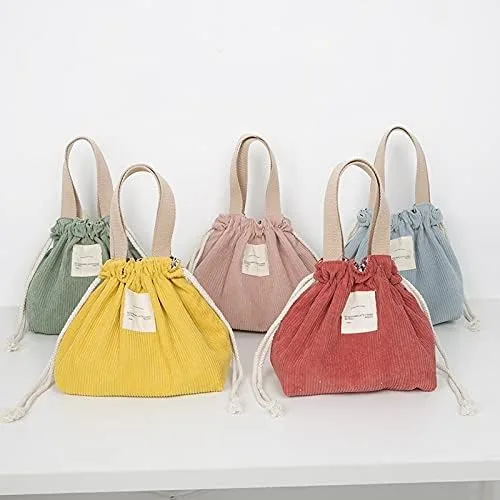 Vista 2 de Lonchera de pana para mujer, lonchera estética, con cordón, bonita bolsa de mano, suministros pastel (cordón azul)