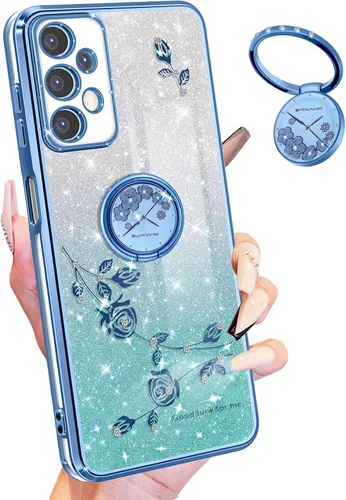 Vista 20 de Funda 3 en 1 para teléfono Samsung Galaxy A03S con purpurina brillante para mujeres y niñas, cubierta brillante con bonito diseño floral de flores