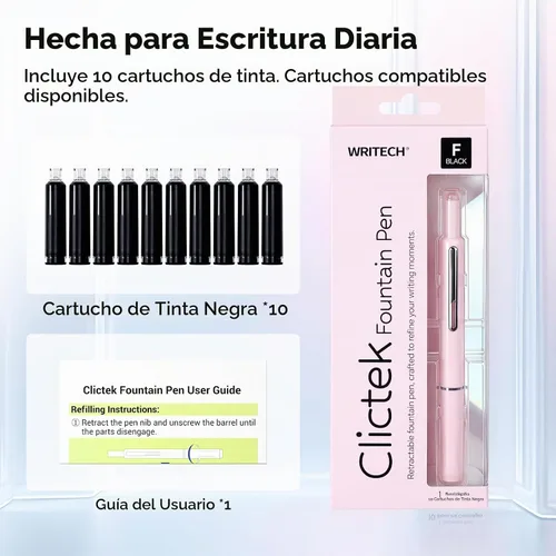 Vista 7 de WRITECH Pluma estilográfica: Cartuchos de tinta negra retráctil Clictek Rosa