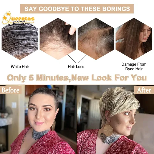 Vista 8 de QUEENTAS Pixie - Pelucas rubias cortas en capas para mujeres blancas y negras, cabello sintético (rubio mezclado con marrón)
