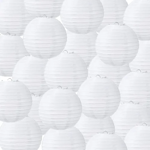 Vista 11 de Treela Faroles de papel japoneses chinos blancos decorativos colgantes redondos de papel para decoración de bodas, fiestas de cumpleaños