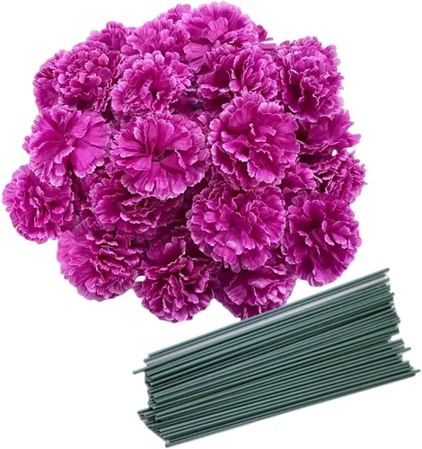 Vista 8 de Rikyo Juego de 50 cabezas de flores de clavel de seda artificial con tallos, rellenos de jarrón para decoración del hogar, fiesta, cumpleaños Champán