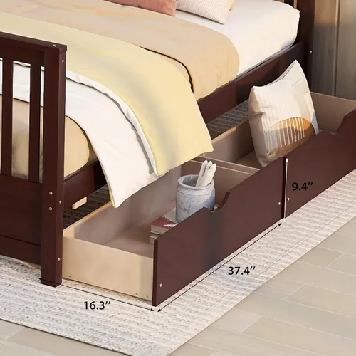Vista 5 de Merax Litera de madera con dos cajones, litera de madera convertible con escaleras y dos cajones de almacenamiento, marco de cama desmontable