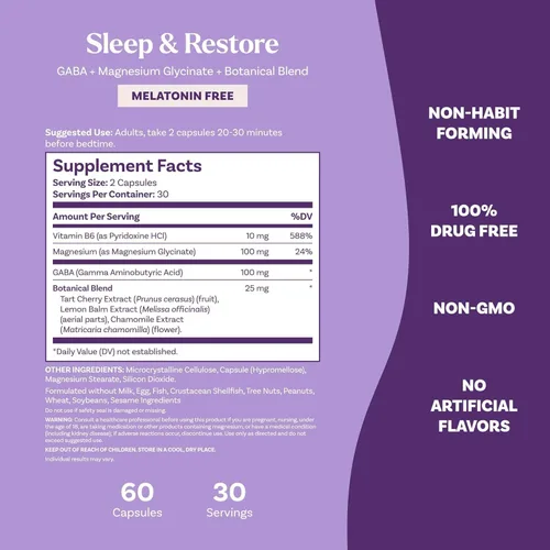 Vista 6 de Natrol Cápsulas Sleep & Restore con glicinato de magnesio 100 mg, GABA, esencial para tu sueño reparador definitivo, sin melatonina, suministro