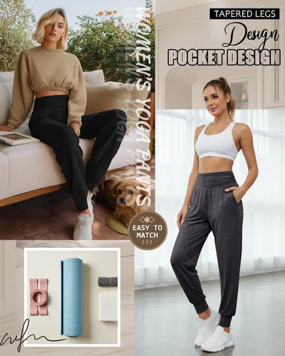Vista 4 de Paquete de 2 pantalones deportivos de yoga para mujer, cómodos pantalones deportivos con bolsillos, casuales, holgados, cómodos y de cintura alta