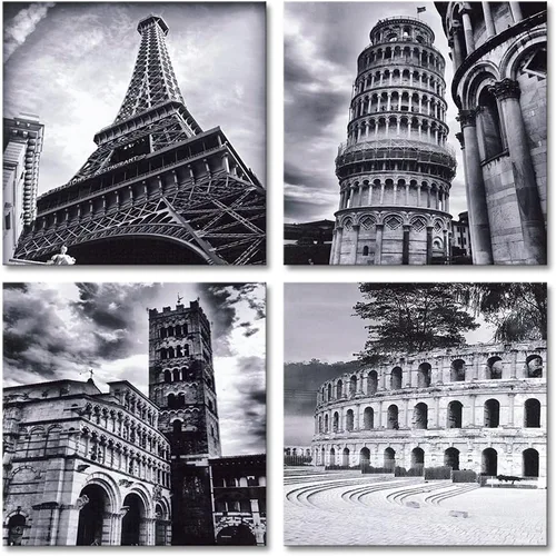 Vista 5 de Wieco Art Arte de pared enmarcado, arquitecturas modernas, 4 paneles, impresiones en lienzo giclée, edificios de Europa, lienzo de paisaje blanco