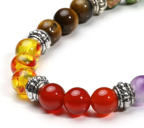 Vista 6 de Eigso Pulsera elástica de piedra de cristal de meditación curativa de 7 chakras para mujer con símbolo de loto, yoga, árbol, OM