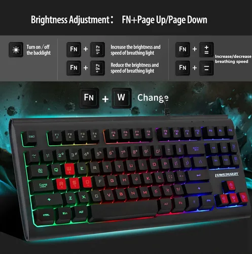 Vista 5 de Lumsburry - Teclado de computadora, 87 teclas, teclado USB compacto con cable, retroiluminación LED de arcoíris para PC, portátil, teclado