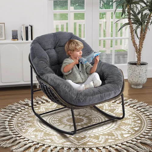 Vista 6 de Mecedora de gran tamaño para interiores, cómoda silla mecedora de pana con cojín grueso y marco, silla mecedora grande de mimbre para sala de estar