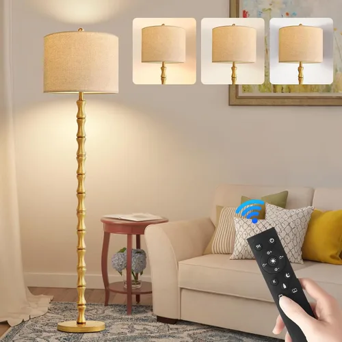 Vista 23 de Lámparas de pie doradas para sala de estar, dormitorio, lámpara de pie de cristal con control remoto y pantalla rosa, lámpara de pie regulable