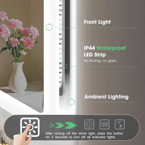Vista 6 de S'bagno Espejo de baño LED de 32 x 24 pulgadas con luces, altavoz Bluetooth, antivaho e impermeable, espejo de pared regulable con control táctil, 3