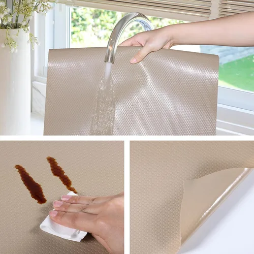 Vista 5 de Revestimientos de estantes beige para armarios de cocina, revestimiento de cajones no adhesivo para baño, revestimientos impermeables