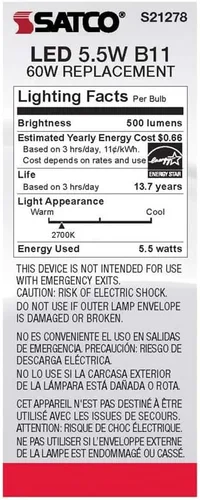 Vista 6 de Satco S21278 5.5B11/LED/927/FR/120V/E12-paquete de 6