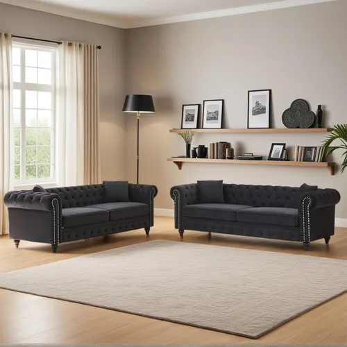 Vista 13 de Sofá Chesterfield de terciopelo grande de 85.5 pulgadas, sofá moderno de 3 plazas con brazos enrollados con diseño de botón y 2 cojines para sala