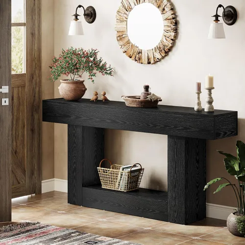 Vista 3 de Tribesigns Mesa consola de 63 pulgadas, mesa de entrada de 2 niveles con base en forma de U, mesa de sofá estrecha y larga de madera detrás del sofá