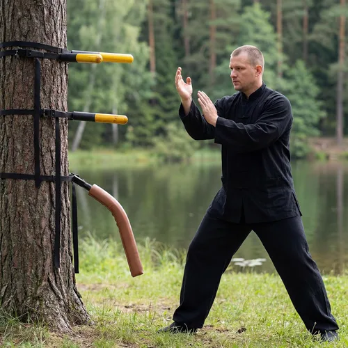 Vista 6 de SYNTECSO Maniquí Wing Chun para entrenamiento de artes marciales, 3 modelos disponibles, montado en la pared o portátil para árbol u objetos blandos