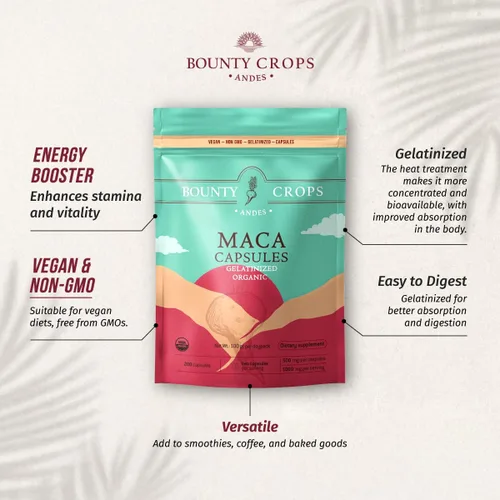 Vista 4 de Cápsulas de polvo de maca orgánica: 1000 mg por porción, gelatinizadas, sin OMG, 200 cápsulas veganas, maca peruana negra, roja y amarilla, apoyo