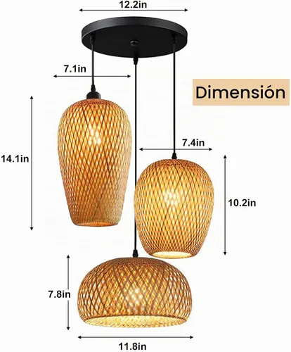 Vista 2 de GWY Lámpara colgante de farol de bambú, estilo japonés retro E27, lámpara colgante de techo para sala de estar, dormitorio, restaurante, cafetería