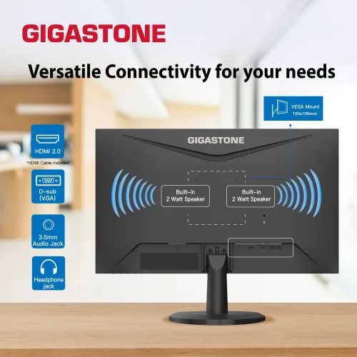 Vista 5 de Gigastone Monitor de luz trasera LED IPS de 24 pulgadas 100Hz FHD 1920 x 1080, 178° WideView, sin marco, monitor dual, MPRT 1ms, altavoces
