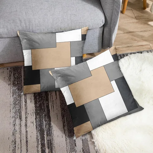 Vista 3 de Emvency Juego de 2 fundas de almohada geométricas marrones, color negro, gris, blanco, pintura abstracta a cuadros, funda de almohada decorativa