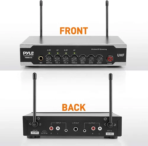 Vista 3 de Pyle Sistema de micrófono inalámbrico Uhf portátil, funciona con pilas, juego de micrófonos inalámbricos Bluetooth dual, incluye 2 micrófonos