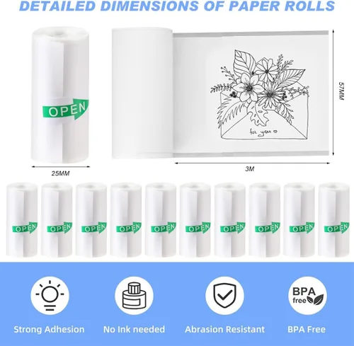 Vista 2 de 10 rollos de papel adhesivo para impresora térmica, 2.244 x 0.984 in, autoadhesivo, para mini impresora adhesiva, cámara instantánea