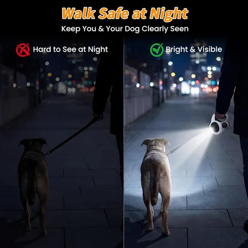 Vista 9 de Correa retráctil para perro con luz LED recargable por USB, correa resistente de 16 pies con soporte para bolsa de excrementos y cable a prueba