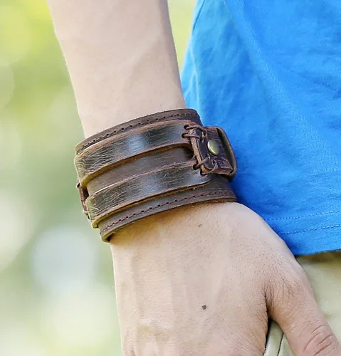Vista 4 de Hamoery Men Leather Bracelet Punk Braided Rope Alloy Bracelet Bangle Wristband