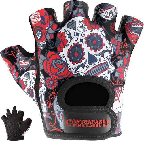 Vista 9 de Contraband Pink Label 5237 – Guantes de levantamiento de pesas con calavera, para mujer, Serie Design (1 par), Gris, M