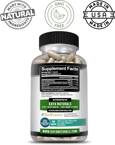 Vista 3 de Kaya Naturals DIM Ultra (30 cápsulas) Suplemento DIM para mujeres y hombres Cápsulas vegetales con extracto de brócoli y bioperina Suplemento