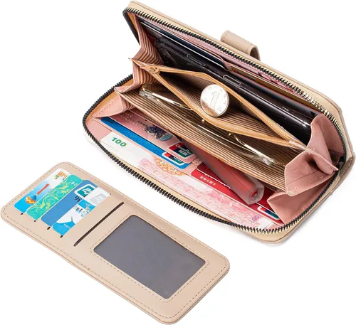 Vista 5 de Cartera de piel para mujer, con bloqueo RFID, bolsillo con cremallera, tarjetero, con ventana de identificación