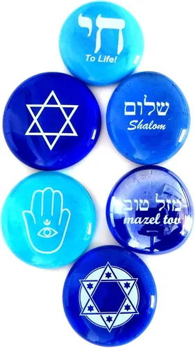 Vista 4 de Judaica Glass Stones: Chai, Estrella de David, Hamsa, Mazel Tov y Shalom en Sombras de Azul, Conjunto de seis, por Lifeforce Glass