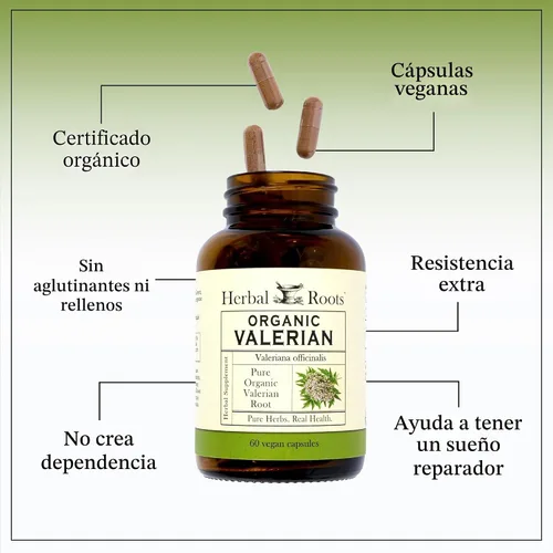 Vista 4 de Herbal Roots Cápsulas de raíz de valeriana orgánica pura, 900 mg, sin formación de hábito, sin melatonina, sin OMG, 60 cápsulas veganas, suplemento