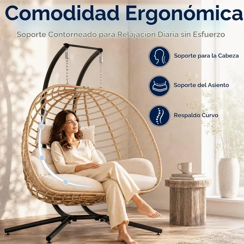 Vista 4 de SWITTE Silla doble colgante con forma de huevo con soporte, columpio de mimbre para exterior, 2 plazas, con cojín, para patio, dormitorio