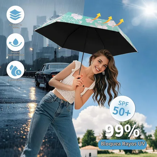 Vista 4 de Yoobure Mini Travel Umbrella with Case, Compact Folding Umbrella Flor de melocotón azul