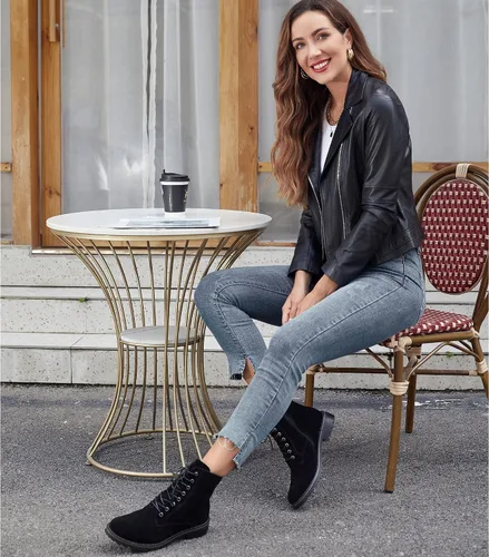 Vista 3 de JABASIC Botas de combate de cuero de gamuza para mujer, botas de tobillo con cordones y cremallera lateral