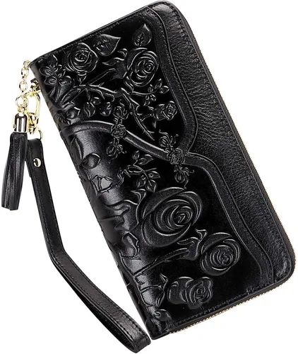 Vista 6 de PIJUSHI Bolsos y bolsos de mano de cuero genuino de diseñador para mujer con asa superior, bolso de mano de flores con cartera de cuero para mujer
