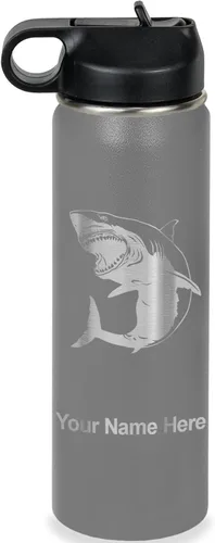 Vista 19 de LaserGram Botella de agua personalizada, gran tiburón blanco, acero inoxidable de doble pared aislada al vacío con popote superior, regalo grabado