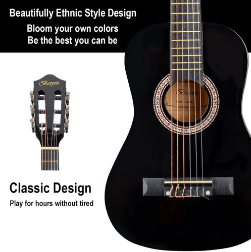 Vista 4 de Guitarra Acústica Negra para Principiantes de 30 pulgadas, Paquete de Inicio, Guitarra para Estudiantes/Niños con Funda, Correa, 2 Púas, Cuerdas