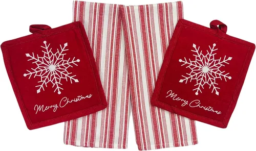 Vista 17 de Paños de Cocina y Agarraderas Navideños - Juego Alegre de Navidad de 4 Piezas 100% Algodón Verde Rojo Blanco - Dos (2) Paños de Cocina, Un (1)