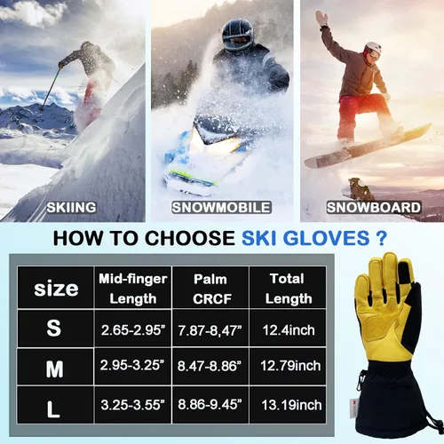 Vista 5 de Guantes de esquí de invierno de cuero para hombres, mujeres y niños, -22 3M Thinsulate cálidos para nieve, snowboard, motos de nieve, guantes