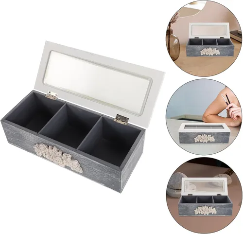 Vista 7 de BESTYASH Cofre de té de madera organizador 3 compartimentos con tapa y Acabado blanco, almacenamiento decorativo versátil para paquetes de café